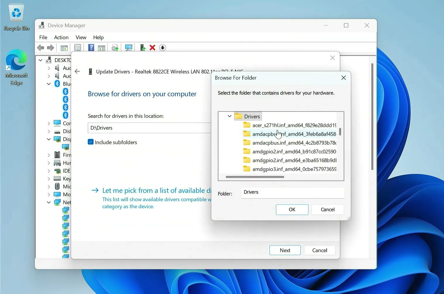 Browse for driver software window selecting backed-up driver folders