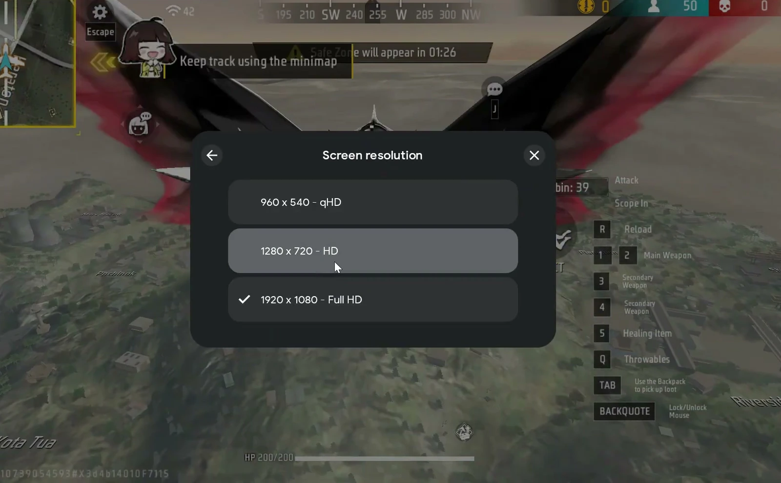 Google Play Games screen resolution menu with 720p and 1080p choices