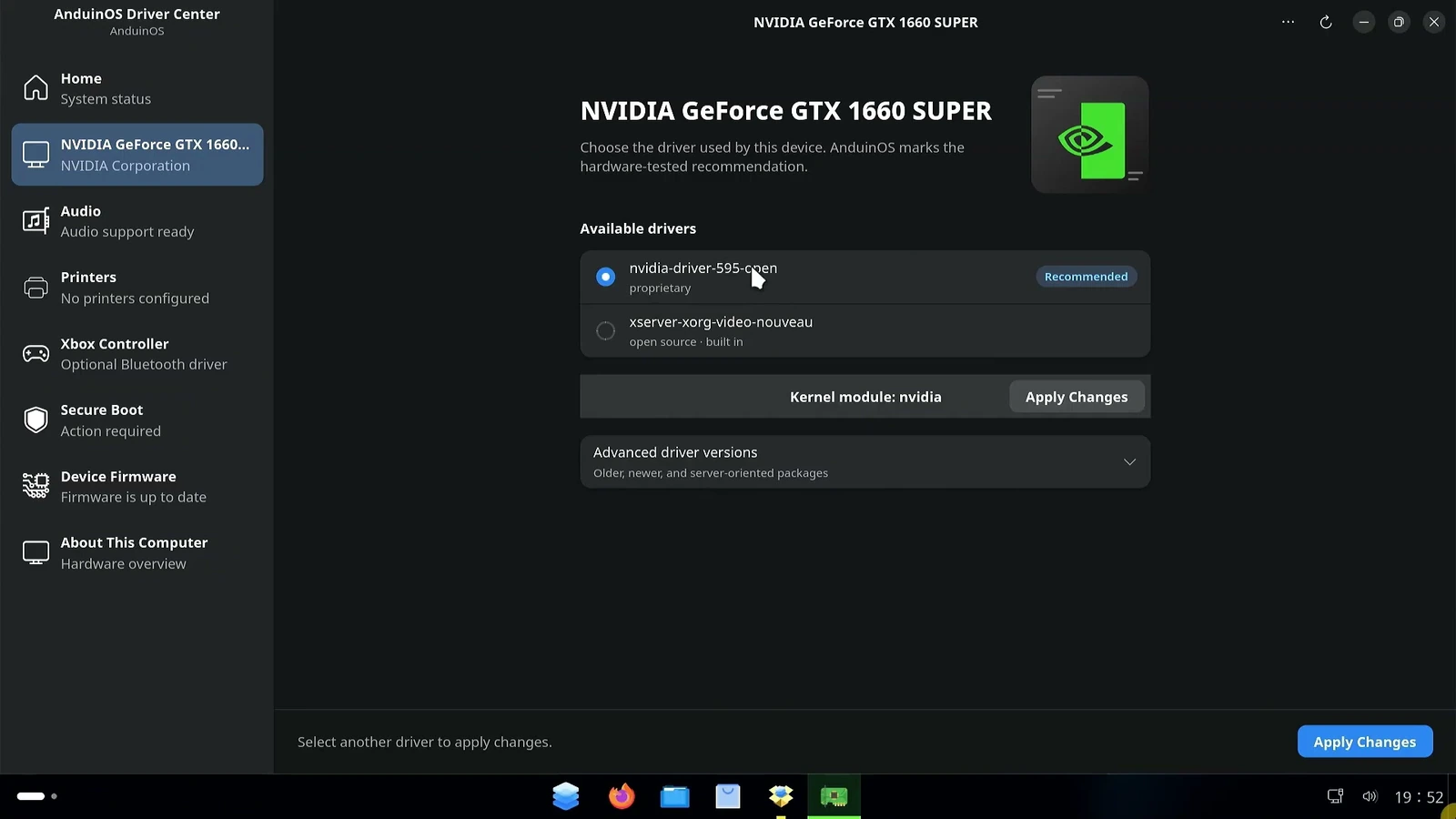 AnduinOS Driver Center showing a recommended NVIDIA driver for a GeForce GTX 1660 SUPER.