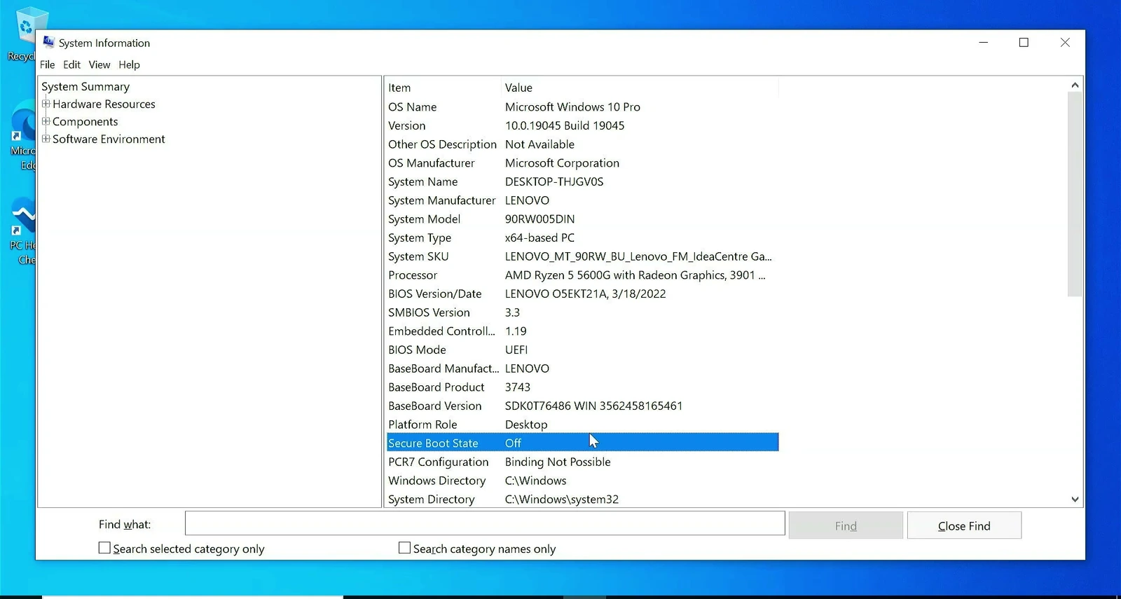 Windows System Information showing Secure Boot State set to Off.