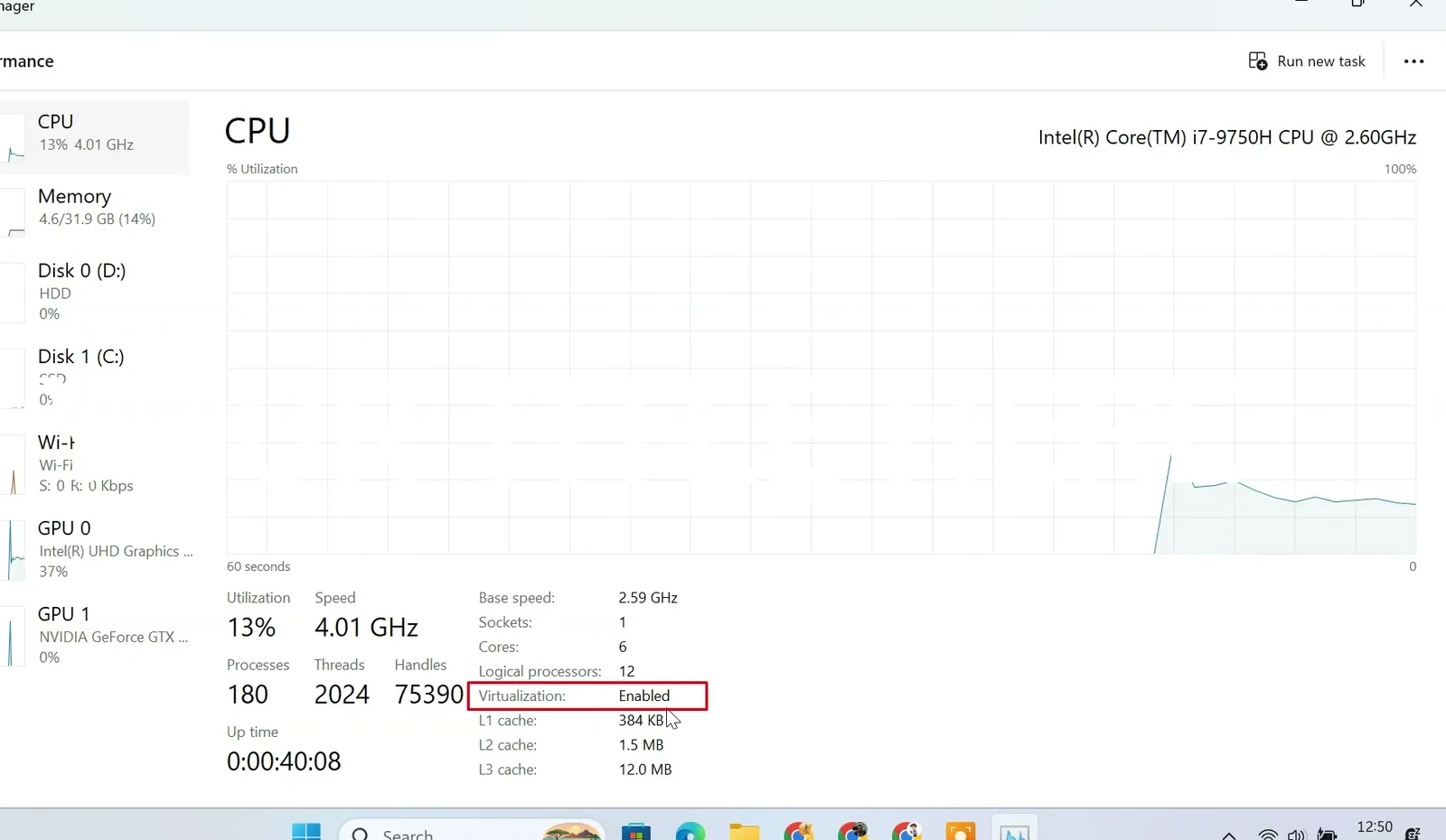 Task Manager CPU performance page showing Virtualization enabled