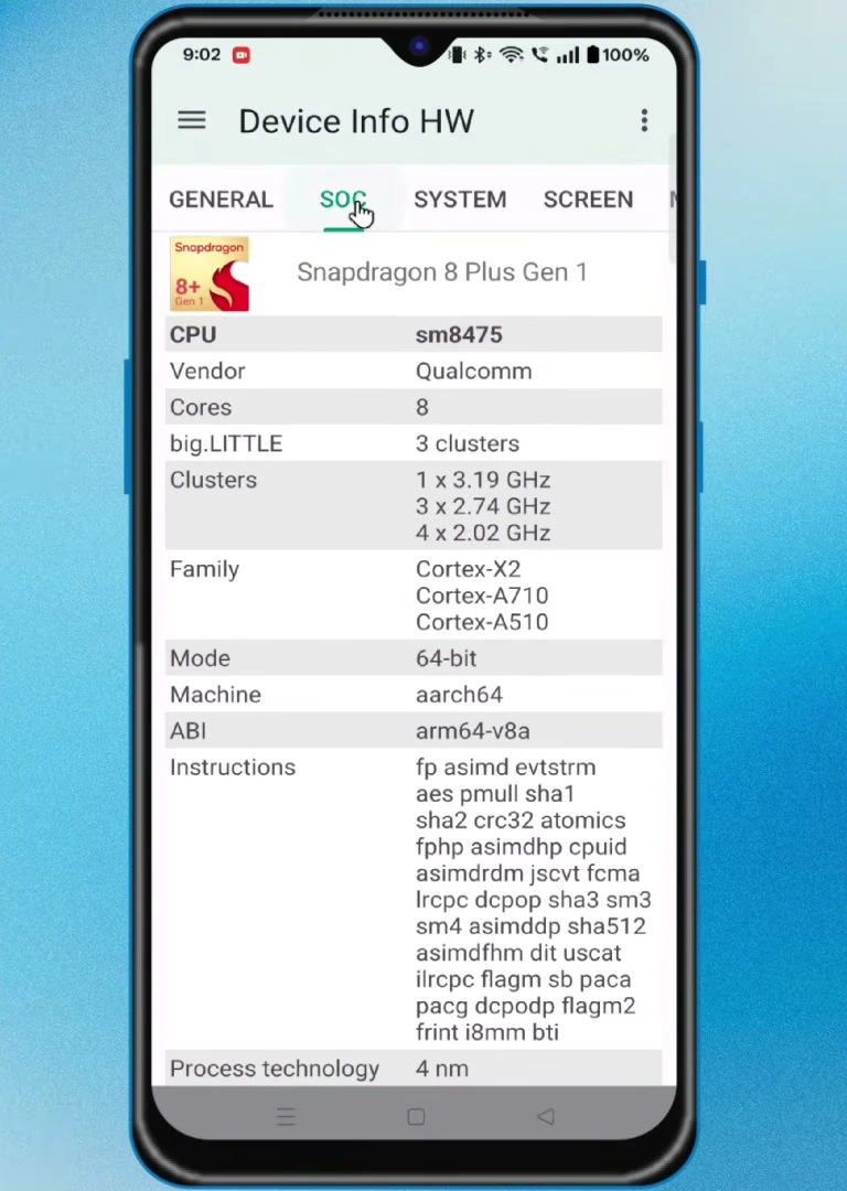 Device Info HW displays a Snapdragon 8 Plus Gen 1 Qualcomm processor on the SOC tab