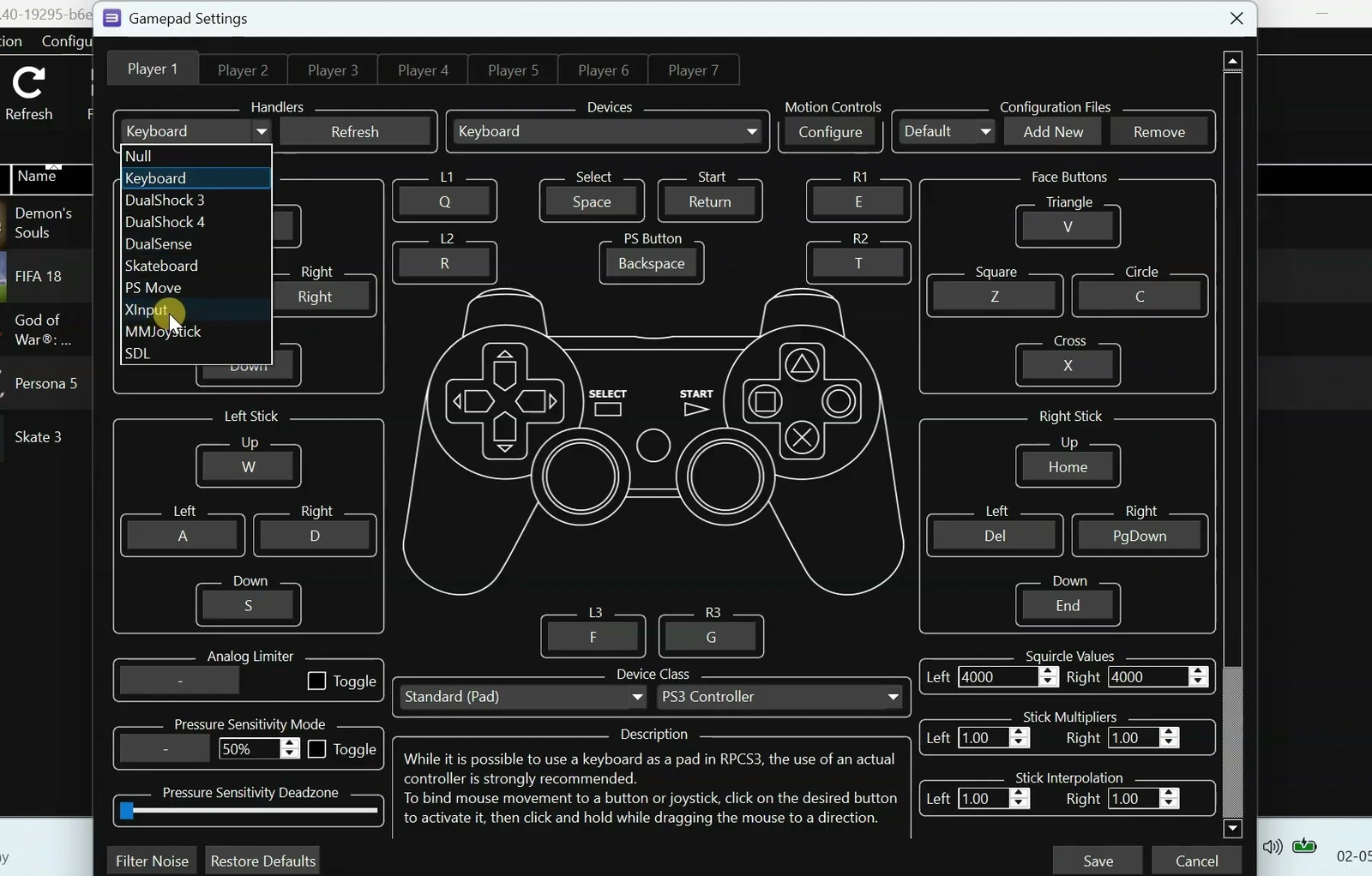 RPCS3 Gamepad Settings with controller handler options including DualSense and XInput.