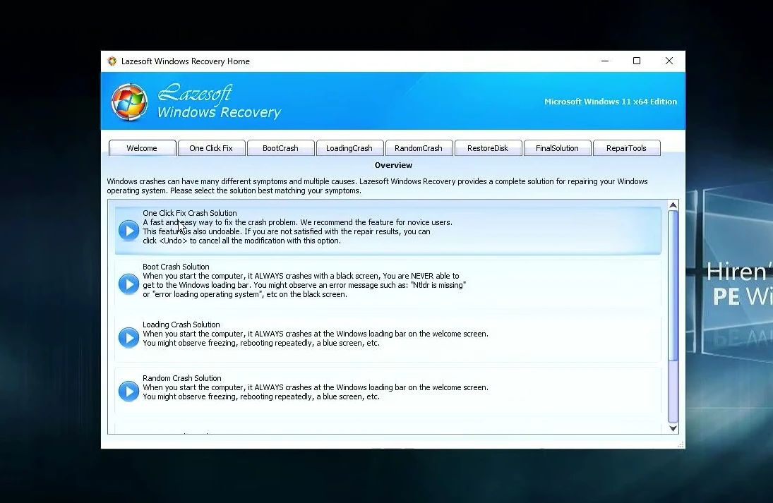 Lazesoft Windows Recovery showing the One Click Fix crash solution for automatic repair.