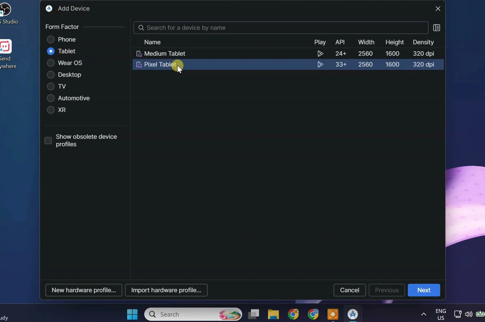 Android Studio Add Device window with Pixel Tablet selected under Tablet