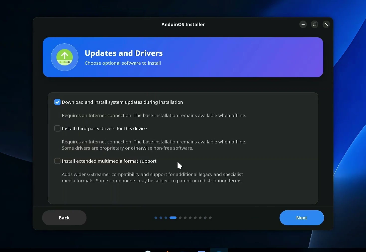 AnduinOS Installer Updates and Drivers page with update, driver, and multimedia options.