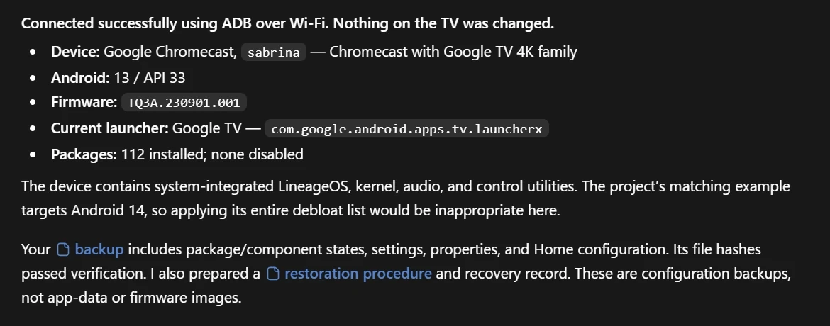 Codex identifies a Google TV and saves the package and settings backup