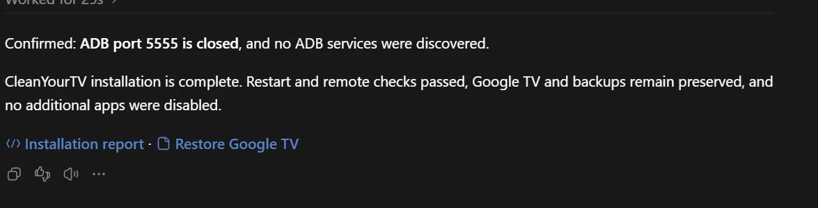 Codex confirms the CleanYourTV launcher installation and recovery files