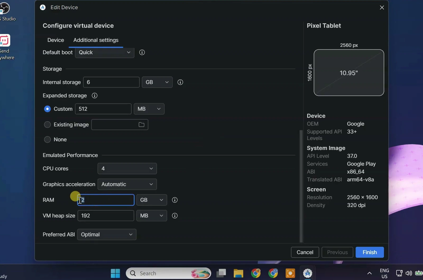 Android emulator Additional settings with RAM and CPU performance controls