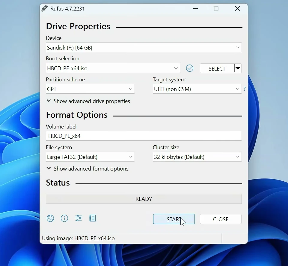 Rufus configured with HBCD_PE_x64.iso, a SanDisk USB drive, GPT, and UEFI target settings.