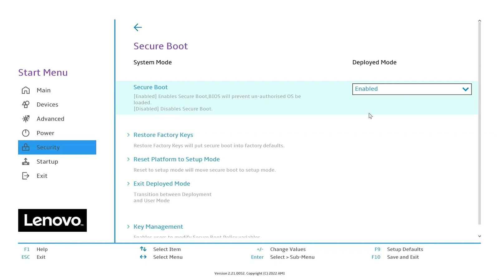 Lenovo BIOS Secure Boot page with Secure Boot set to Enabled.