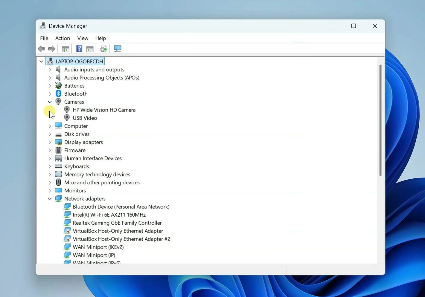 Windows Device Manager shows USB Video under the Cameras category.