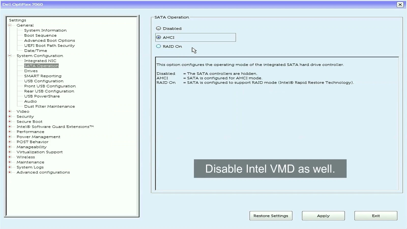 Dell BIOS SATA Operation screen showing the AHCI option