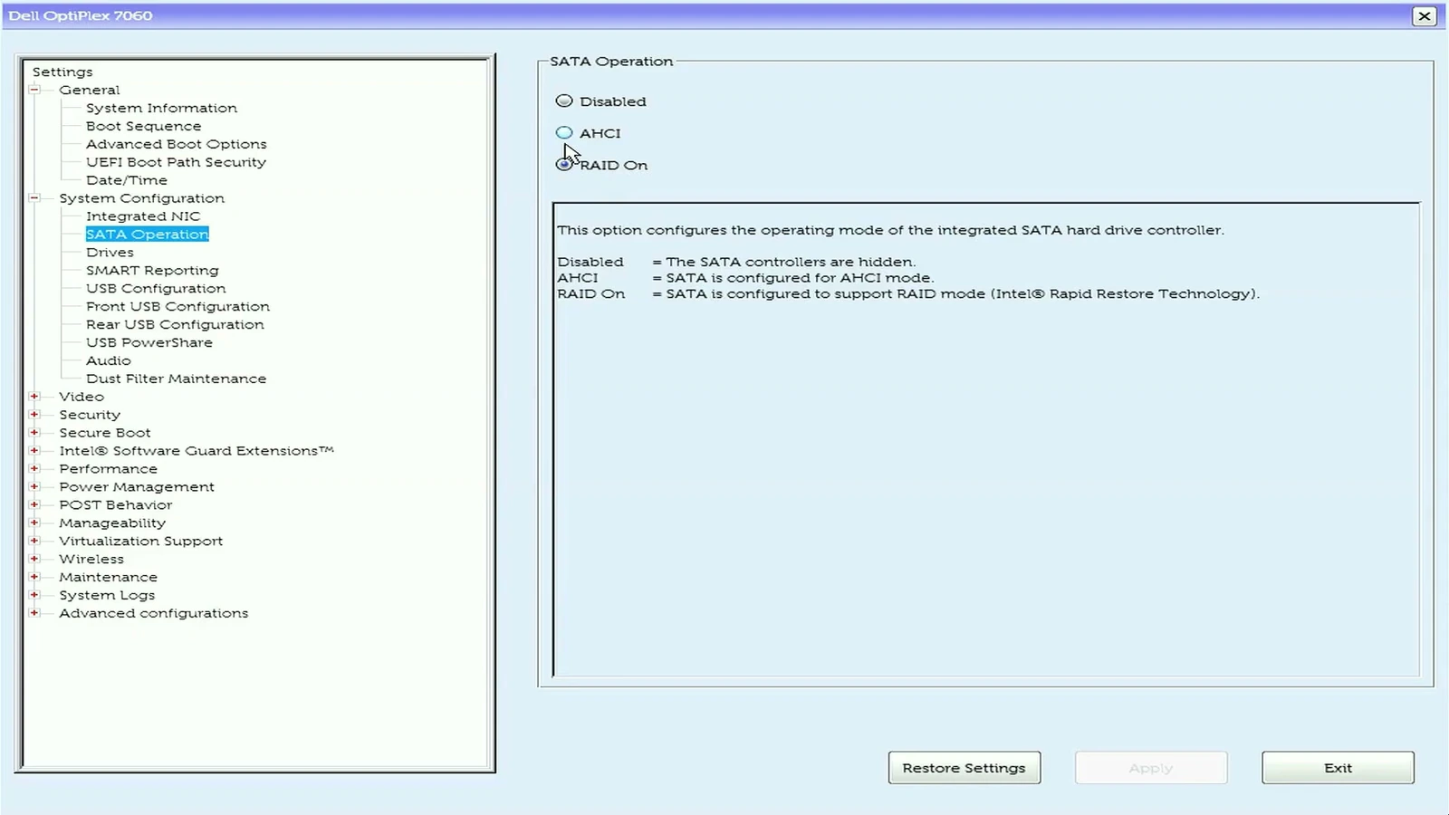 Dell BIOS SATA Operation setting with RAID On selected