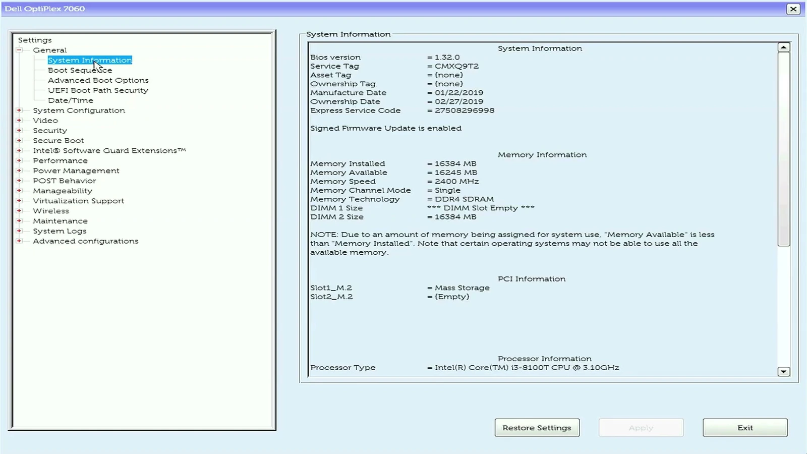 Dell BIOS system information page used to check the installed drive