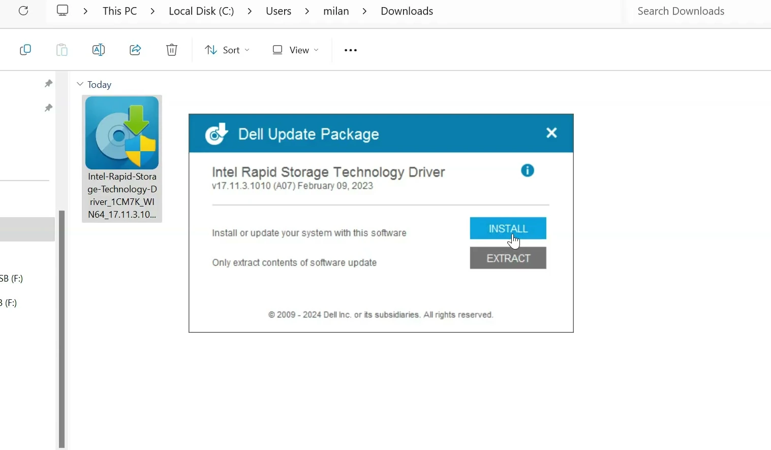 Dell Update Package offers an Extract button for storage driver files