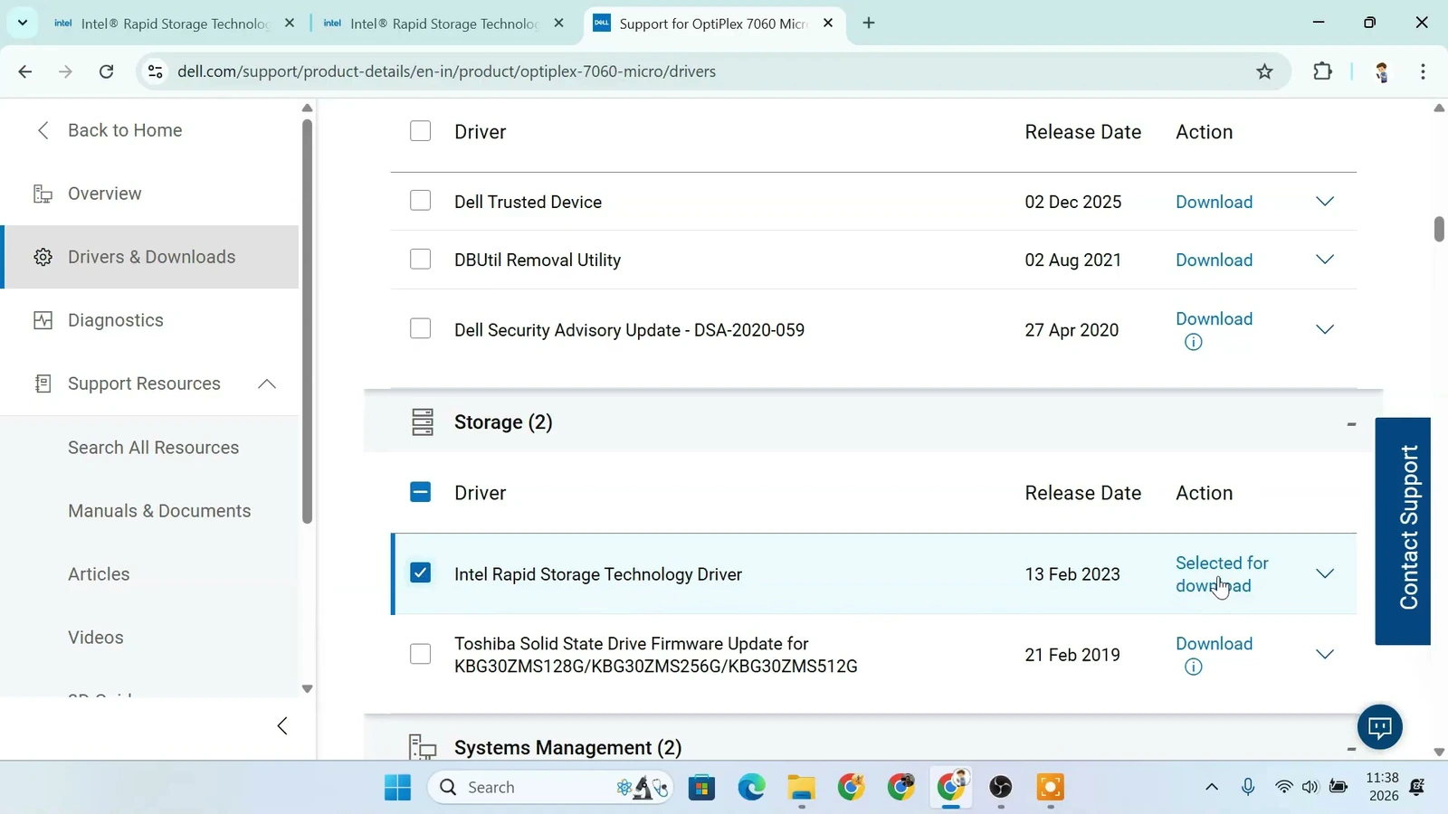 Dell Support driver list with Intel Rapid Storage Technology selected