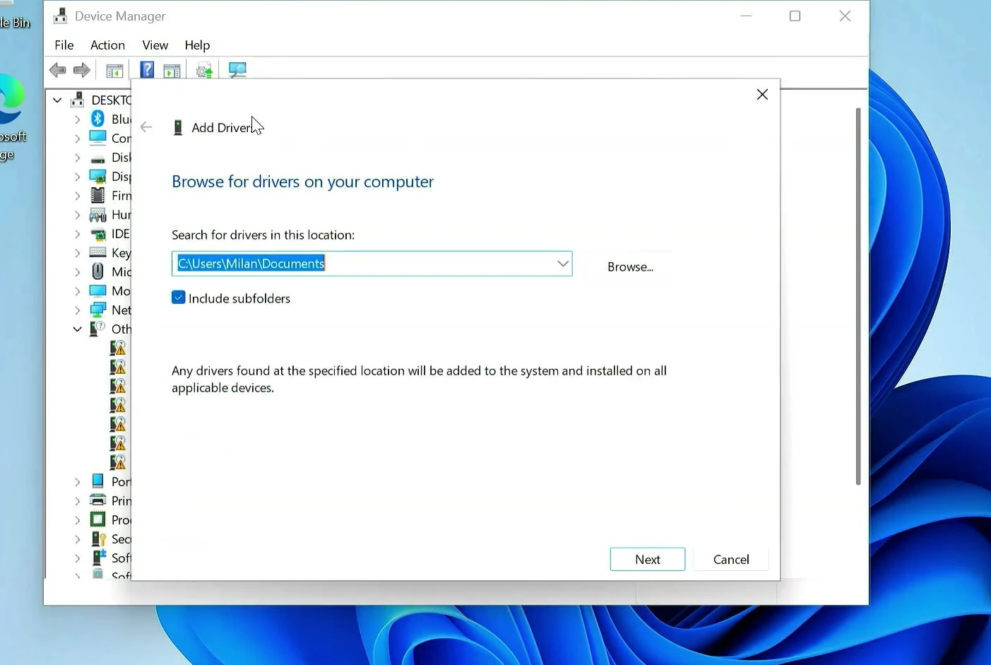 Add Drivers window in Windows Device Manager with Include subfolders enabled