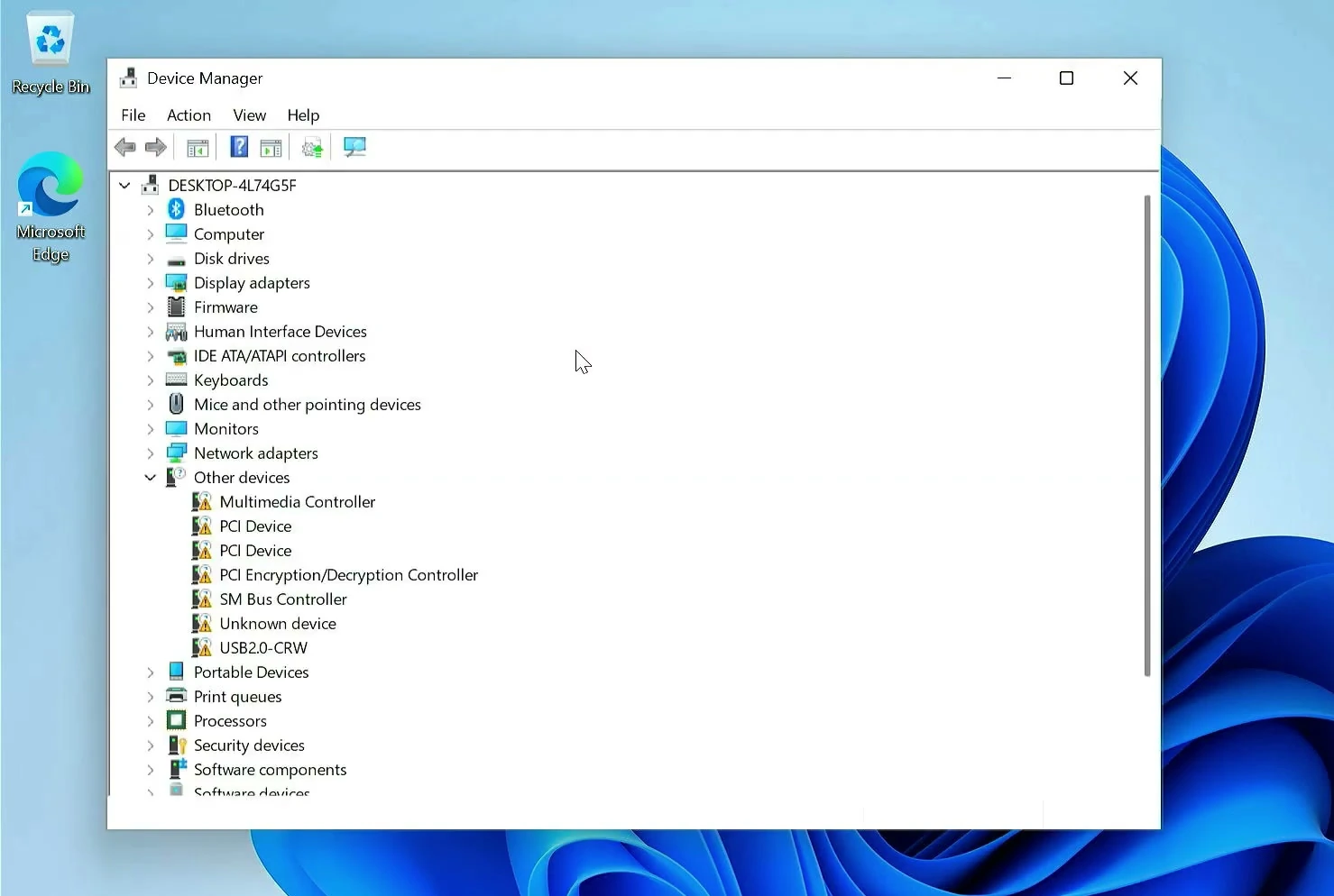 Windows Device Manager listing unknown devices with yellow warning icons