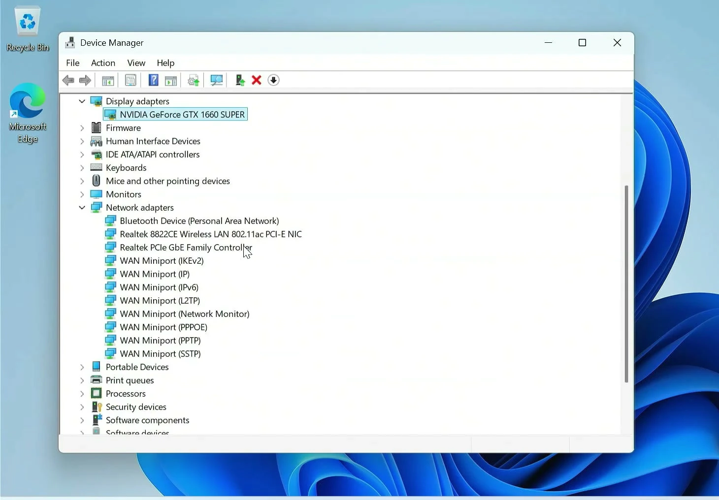 Device Manager showing recognized Windows devices after installing saved drivers