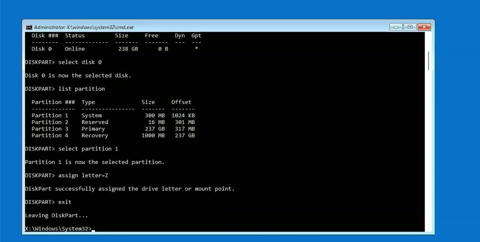 DiskPart confirms that letter Z was assigned to the EFI System Partition