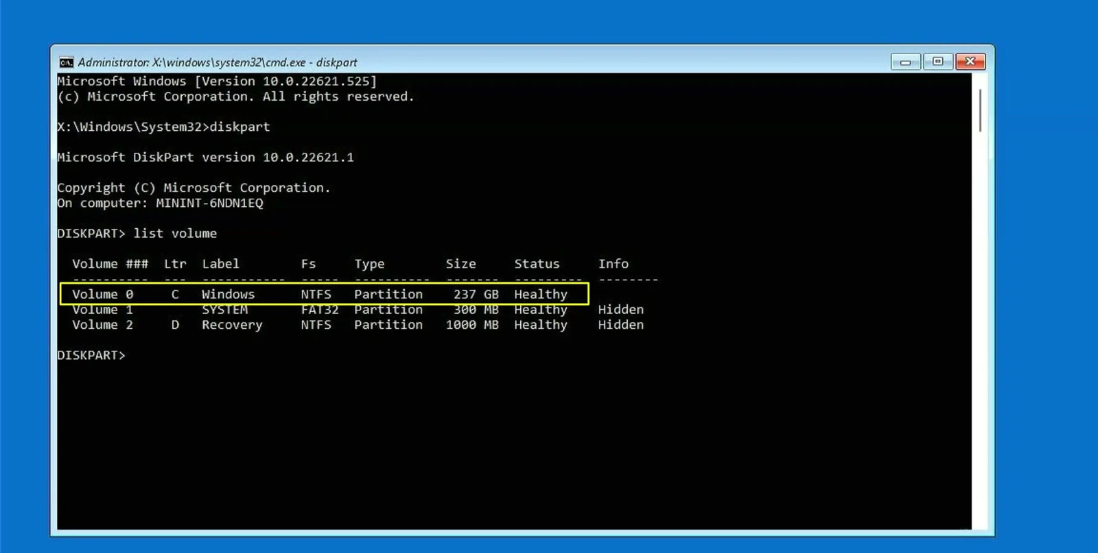 DiskPart list volume output showing Windows on drive C and a FAT32 system volume