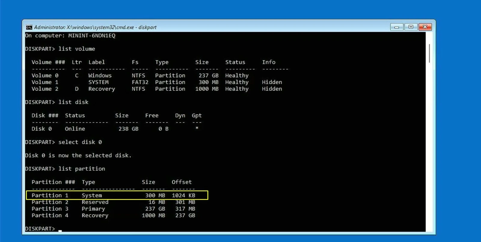 DiskPart partition list identifying the 300 MB EFI System Partition on Disk 0