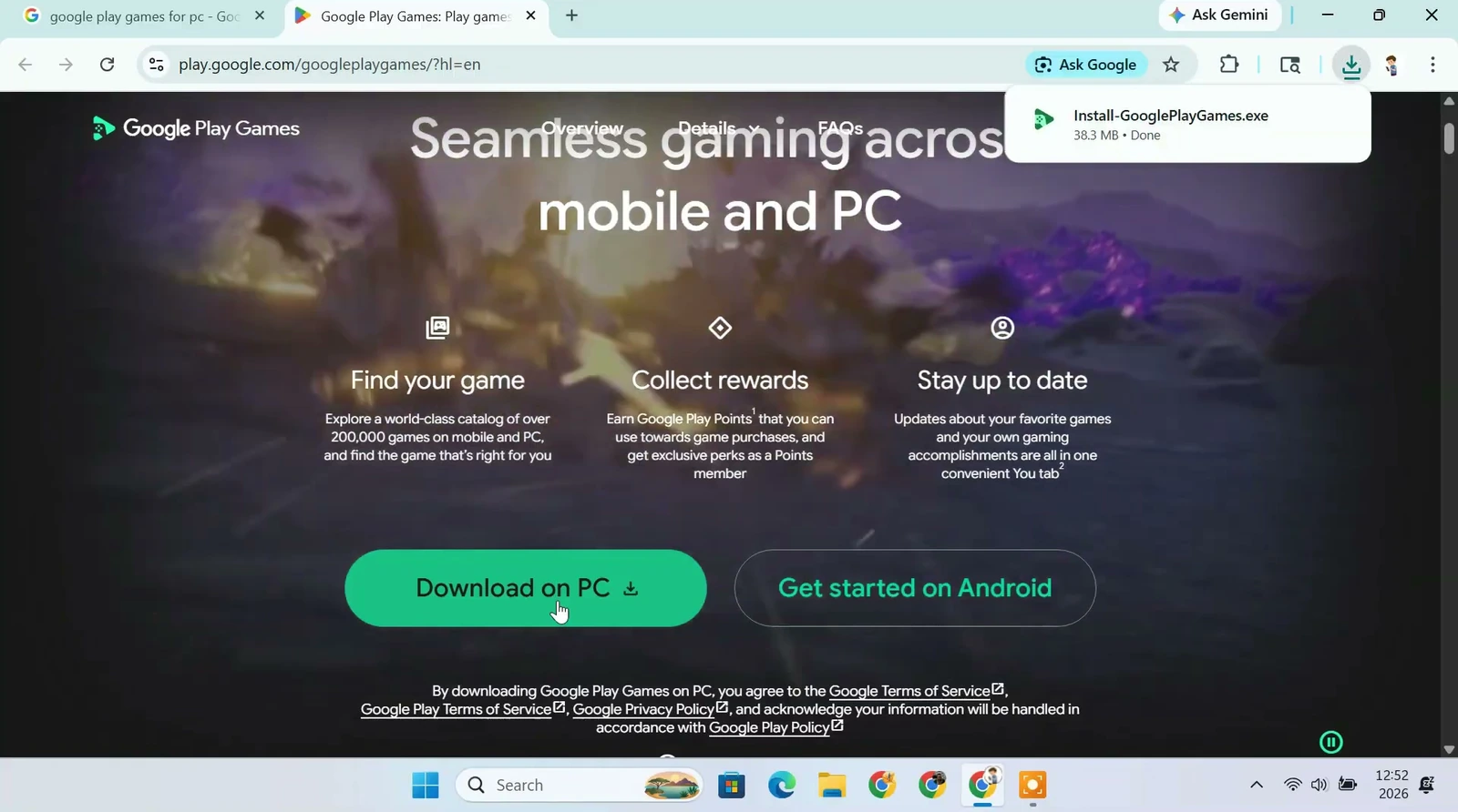 Google Play Games official Windows download page with Download on PC button