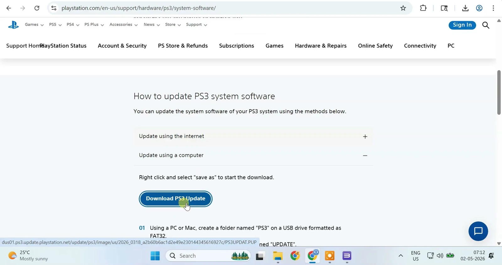 PlayStation support page showing the Download PS3 Update button under Update using a computer.