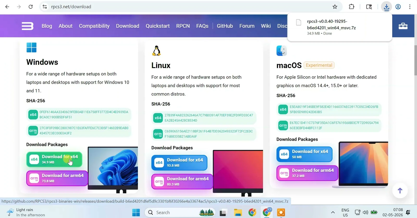 RPCS3 download page with the Windows x64 download button selected.
