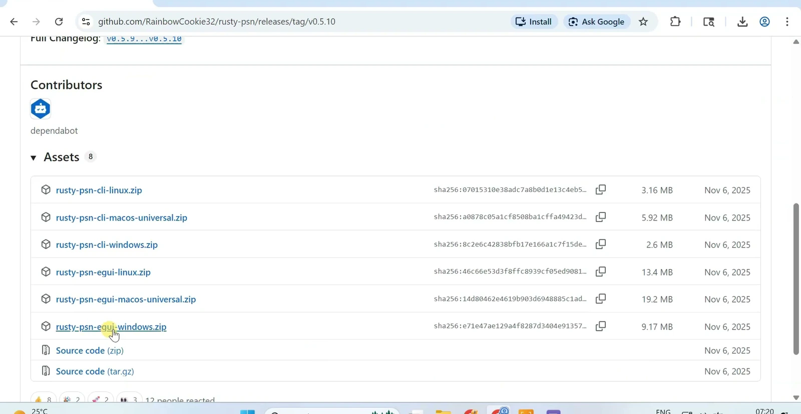 Rusty PSN GitHub release assets with the Windows GUI ZIP download link.