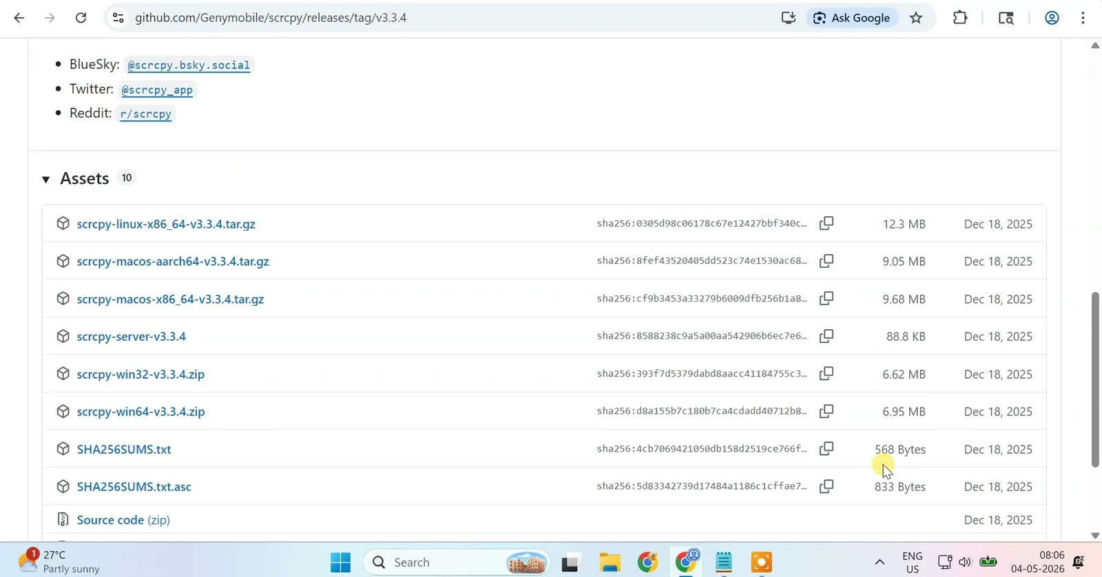 scrcpy GitHub release Assets list showing the Windows win64 ZIP download