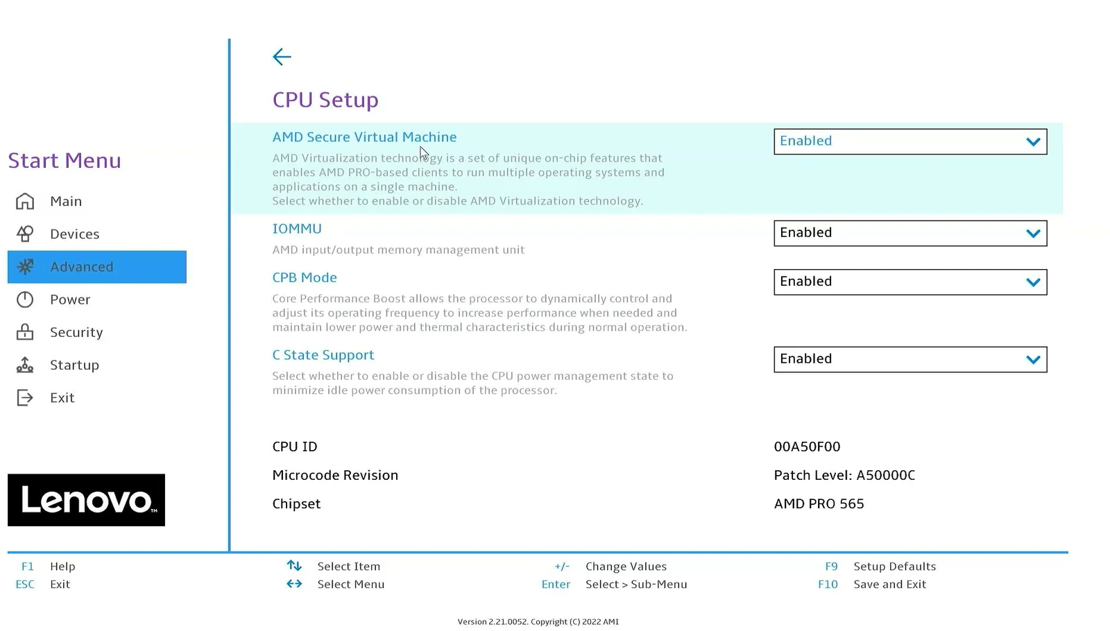 AMD SVM Mode enabled in Lenovo UEFI BIOS CPU setup