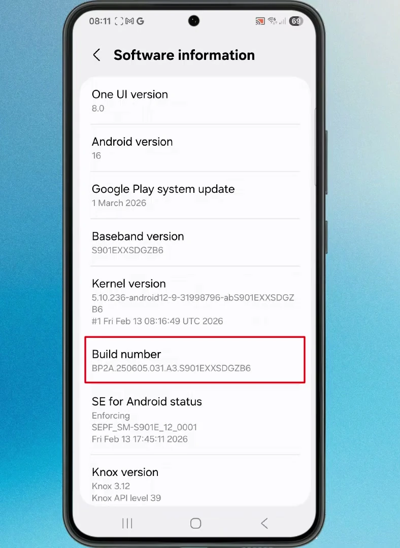 Samsung Software information screen with Build number highlighted