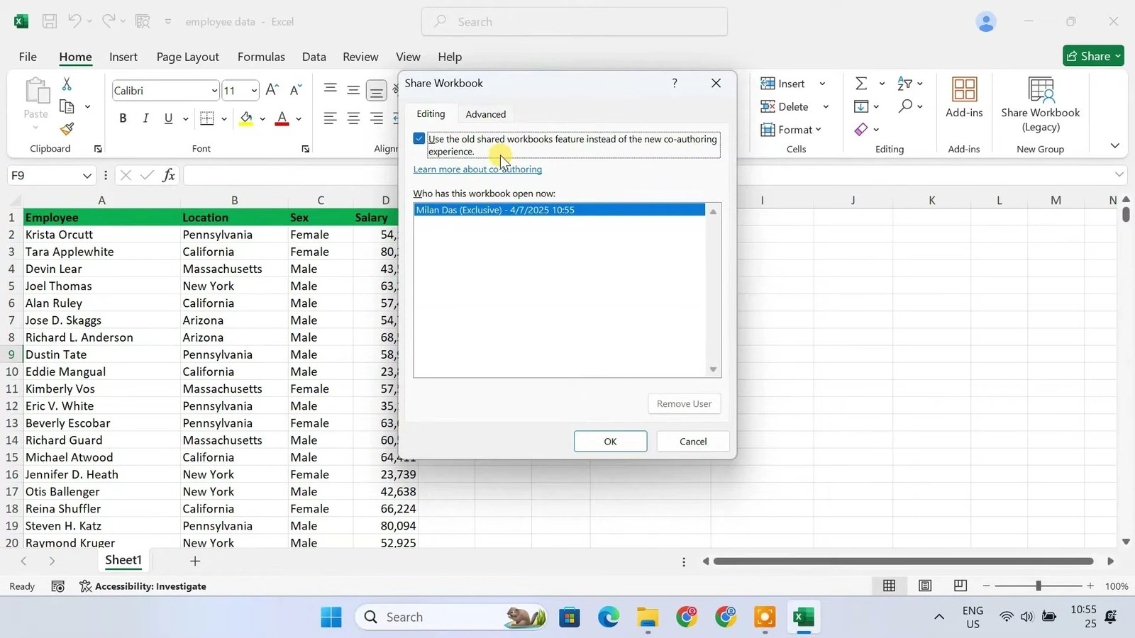 Share Workbook dialog with old shared workbooks feature enabled