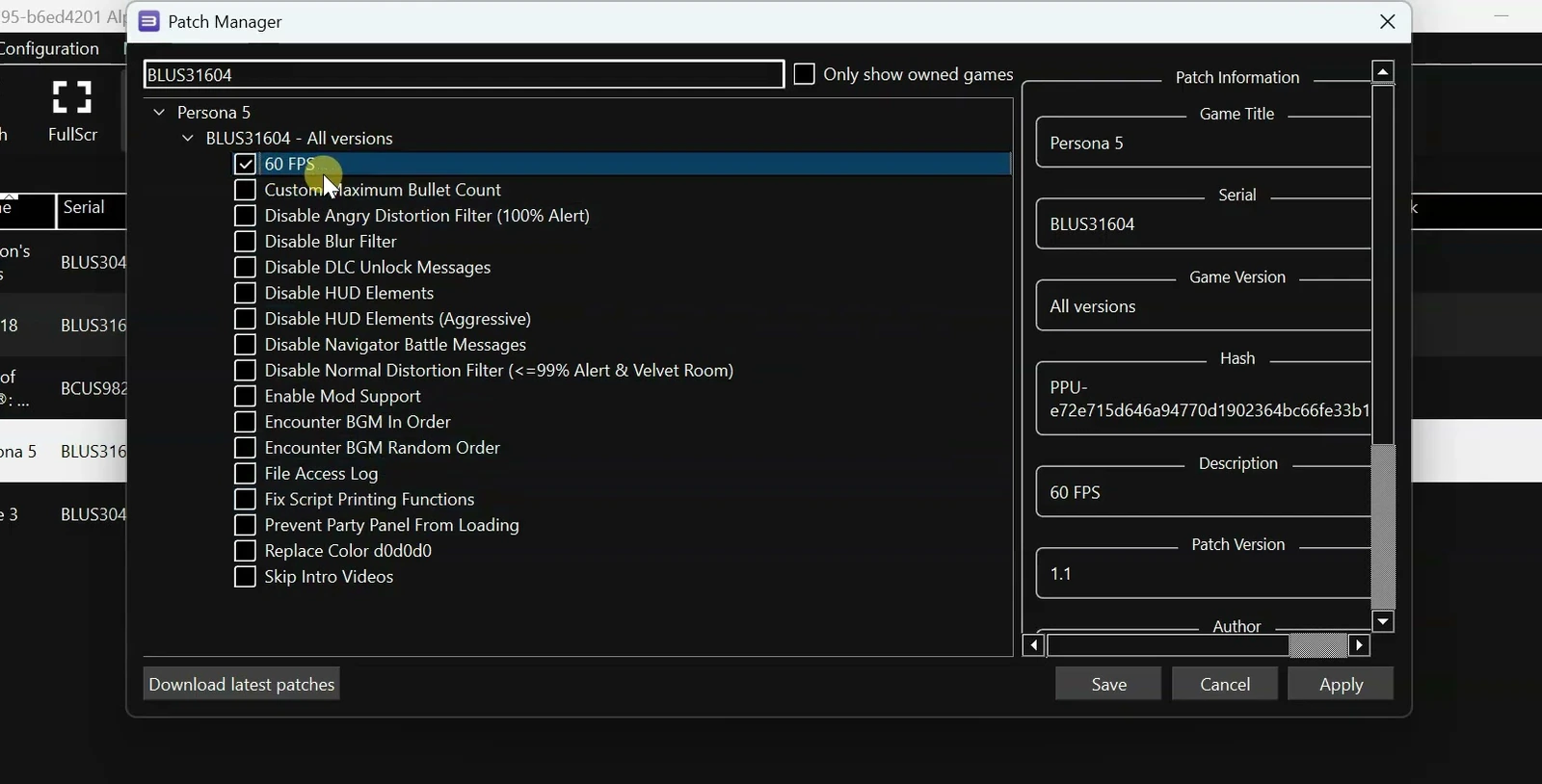 RPCS3 Patch Manager with the Persona 5 60 FPS patch enabled.