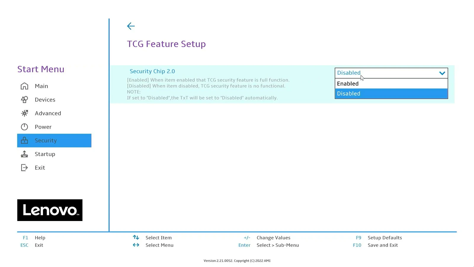 Lenovo BIOS Security Chip 2.0 menu with Enabled available to select.
