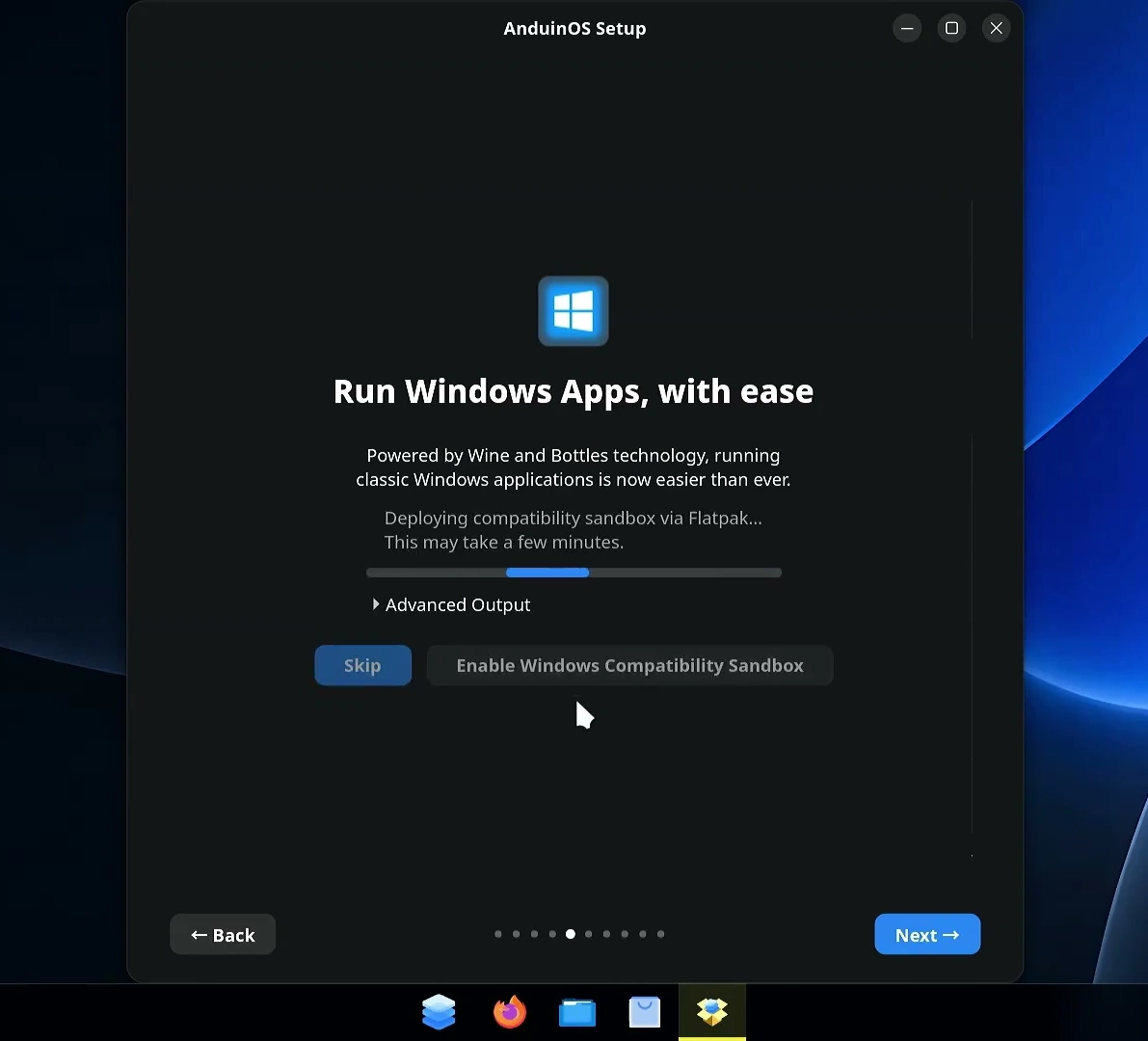 AnduinOS Setup deploying the Wine and Bottles Windows Compatibility Sandbox.