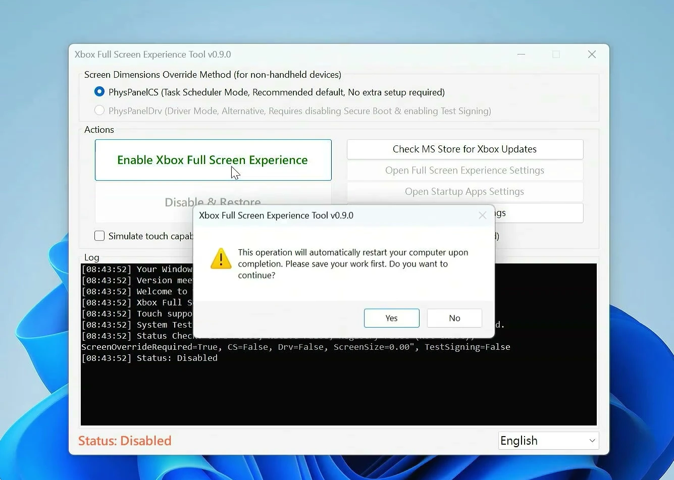 Xbox Full Screen Experience Tool with Enable option and restart confirmation