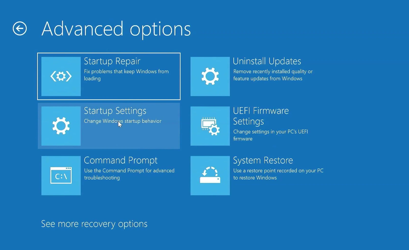 Windows Advanced options screen with the UEFI Firmware Settings tile.