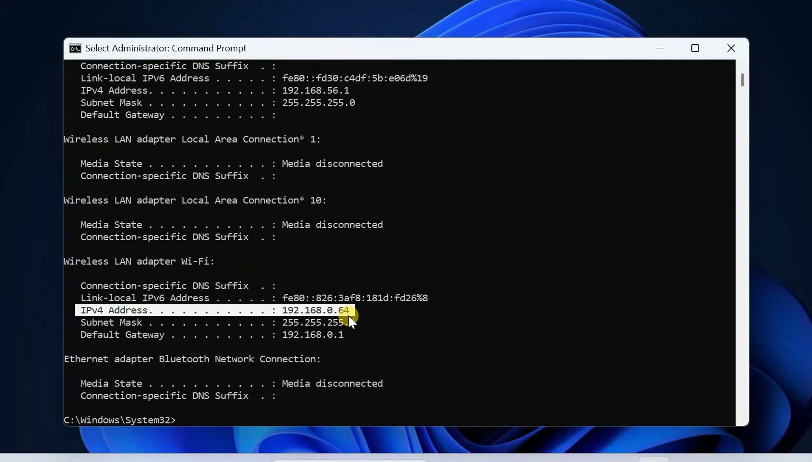 Command Prompt ipconfig output showing the active Wi-Fi IPv4 address