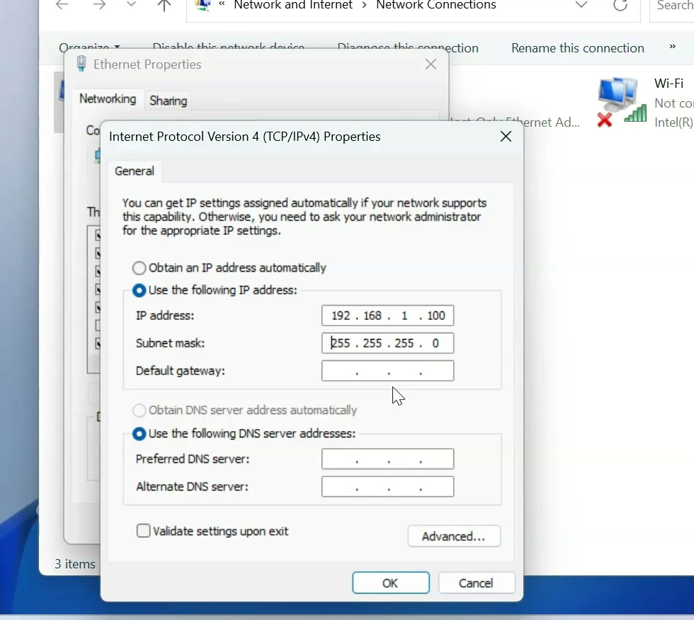 Windows IPv4 settings for the first computer using a static IP address