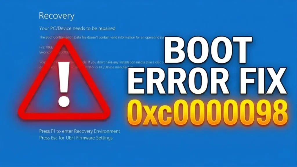 Repair Windows 10 or 11 UEFI boot error 0xc0000098 by locating the EFI partition and rebuilding startup files with DiskPart and BCDBoot.