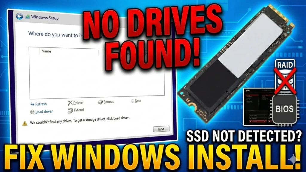 Fix an SSD or hard drive missing from Windows 11 Setup by checking BIOS settings and loading the correct Intel RST storage driver.