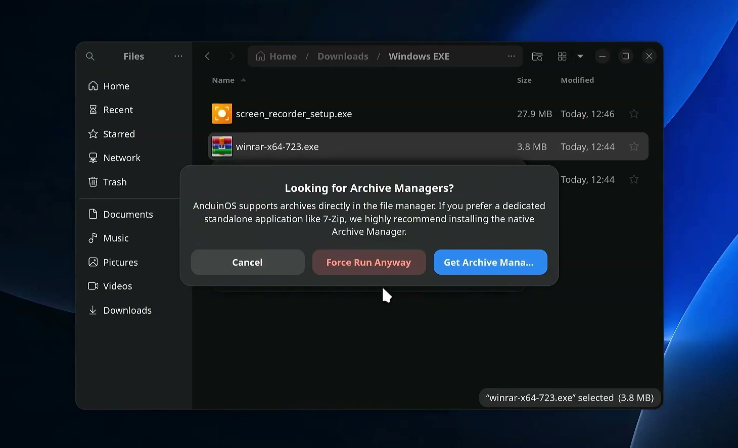 AnduinOS dialog offering Force Run Anyway for the selected WinRAR Windows installer.