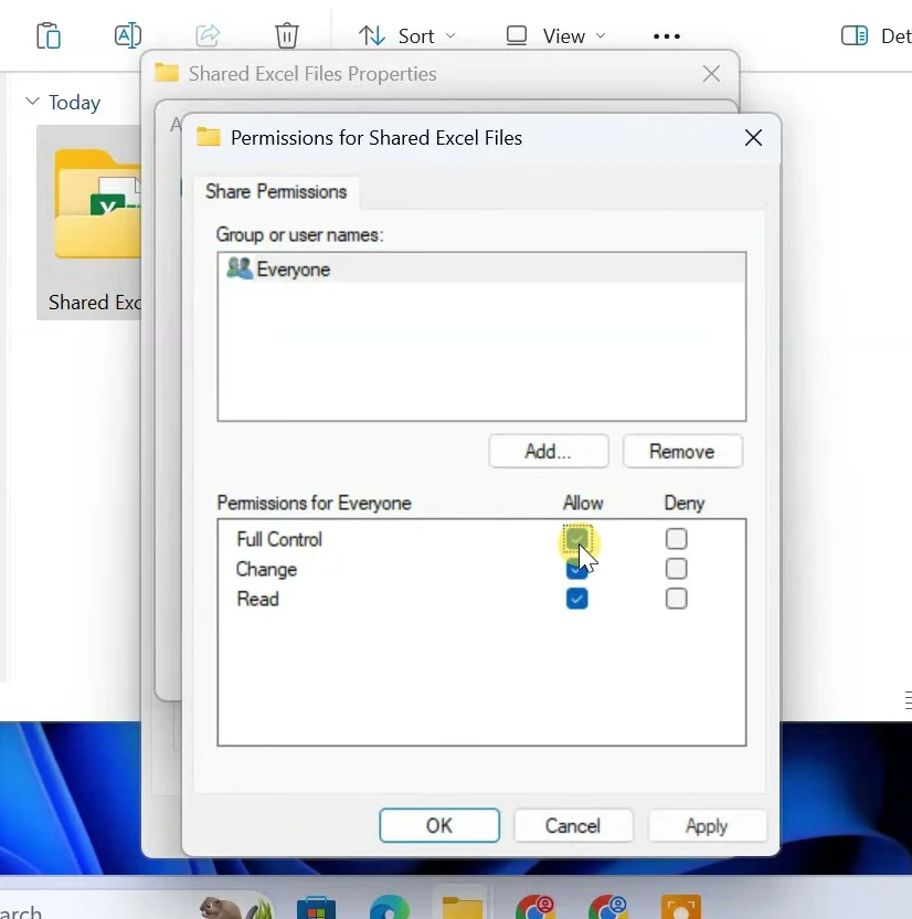 Windows Share Permissions dialog allowing Full Control for Everyone