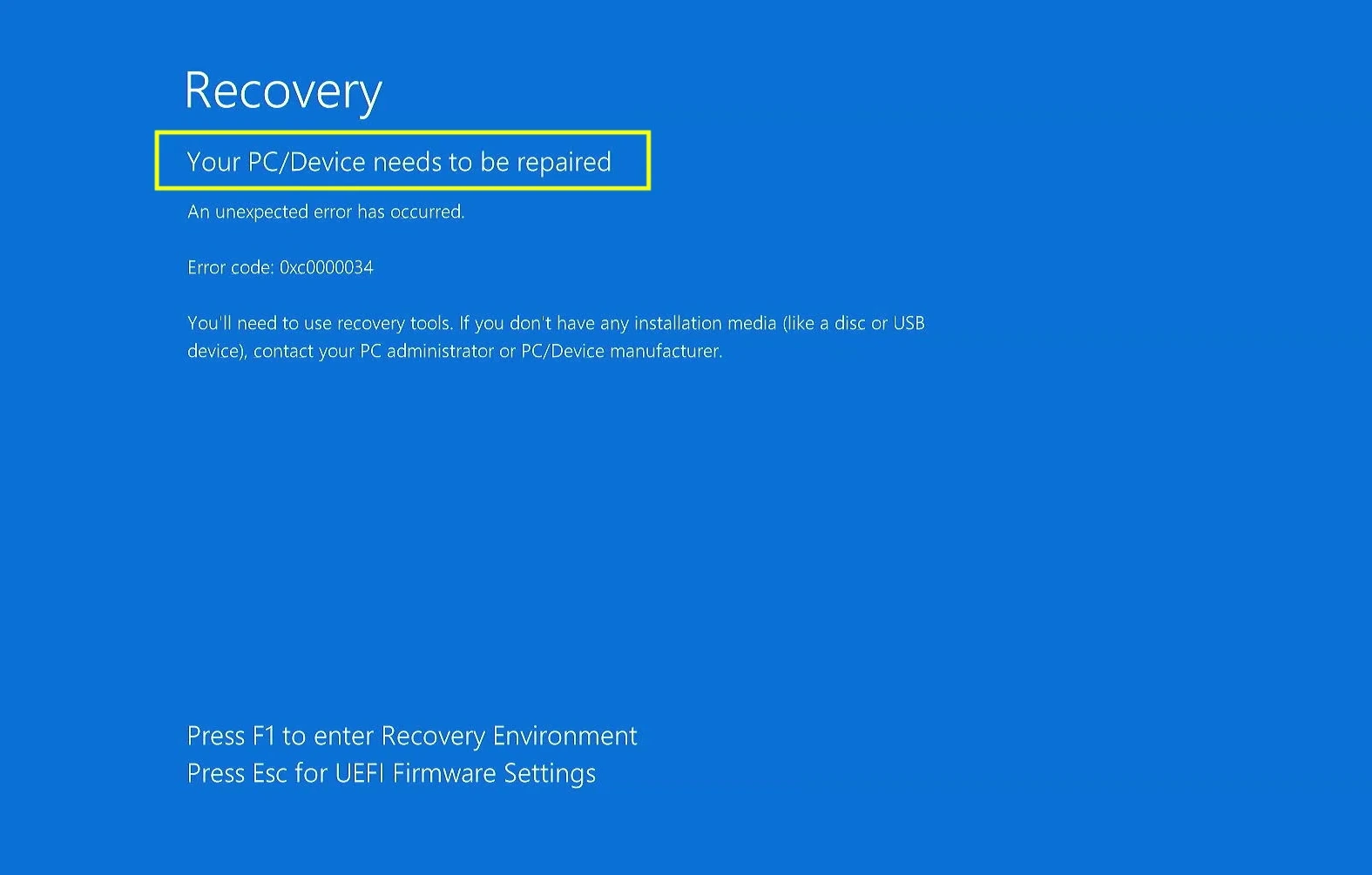 Windows Recovery screen stating that the PC or device needs to be repaired, error code 0xc0000034.
