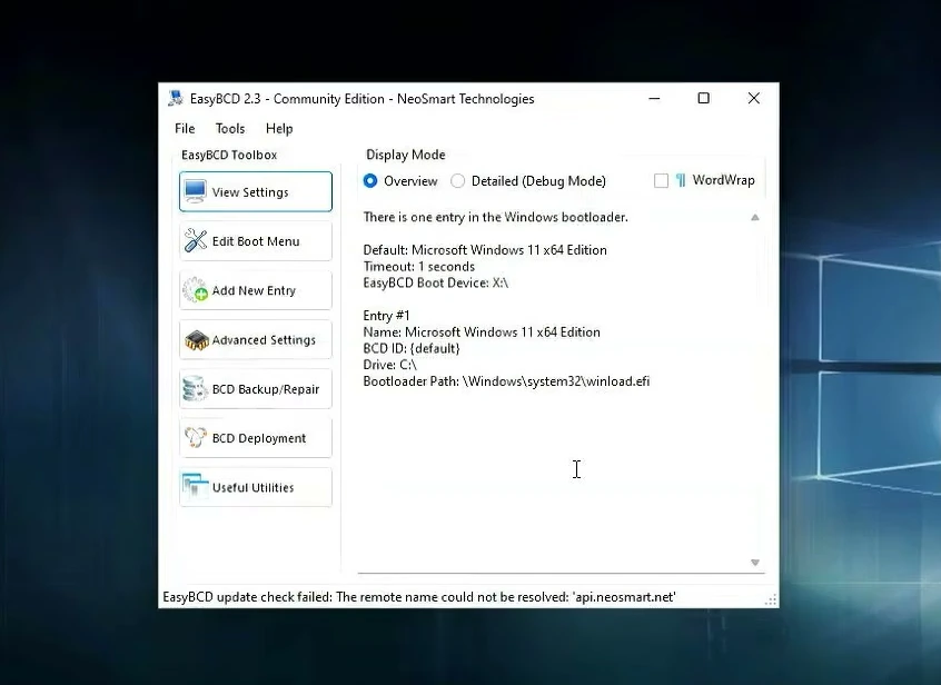 EasyBCD View Settings page showing the current Windows bootloader entry and BCD details.