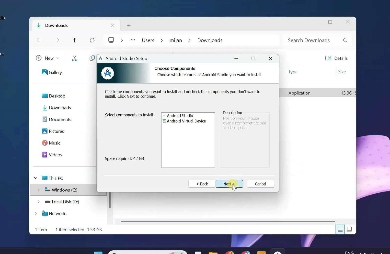Android Studio Setup window with Android Virtual Device selected