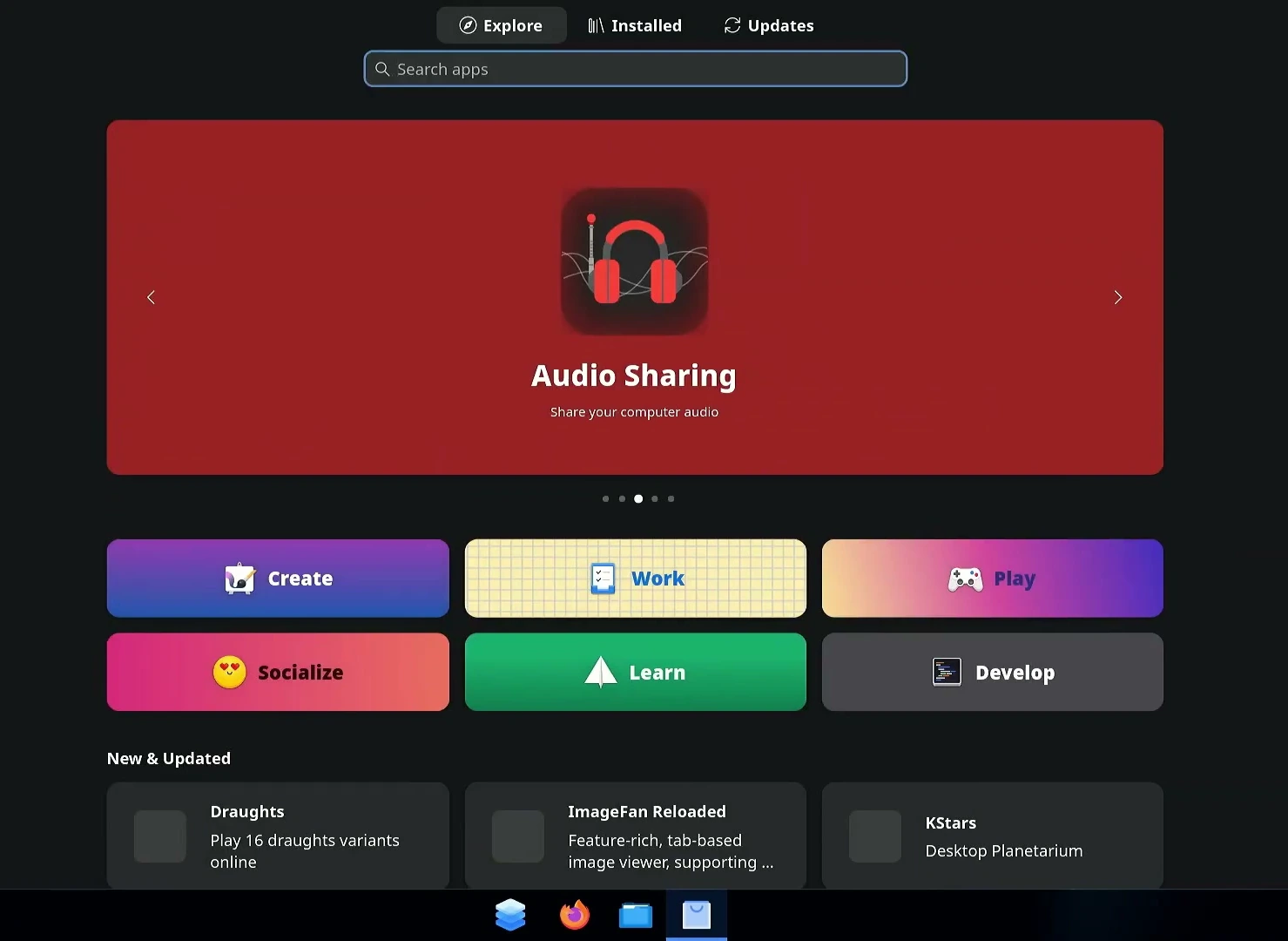 AnduinOS Software store with app search and categories for Create, Work, Play, Learn, and Develop.